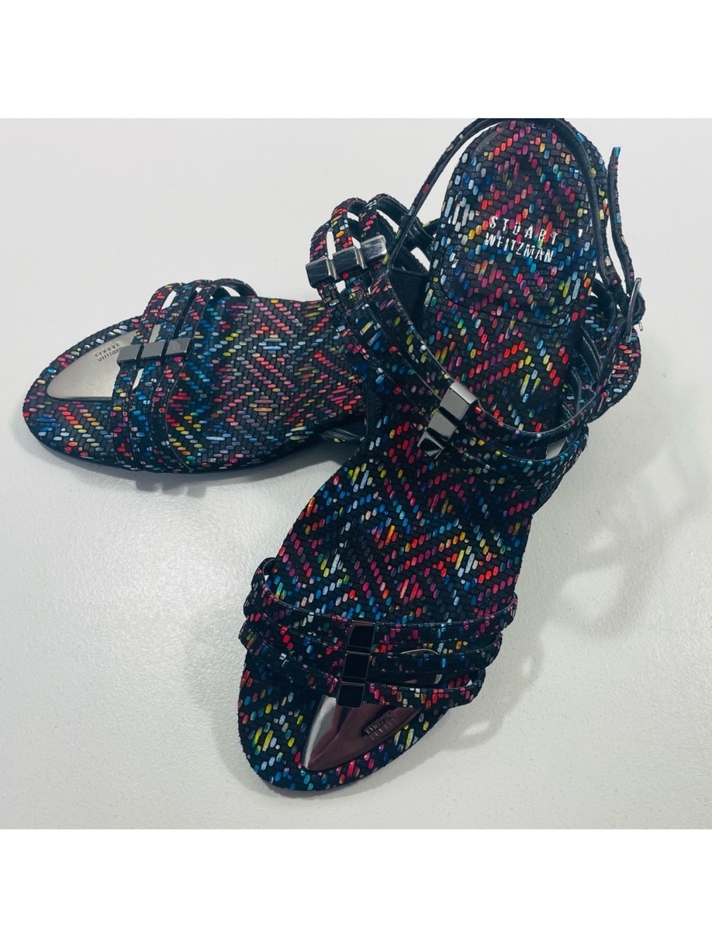 Stuart Weitzman Black Multicolor Woven Strappy Sandals